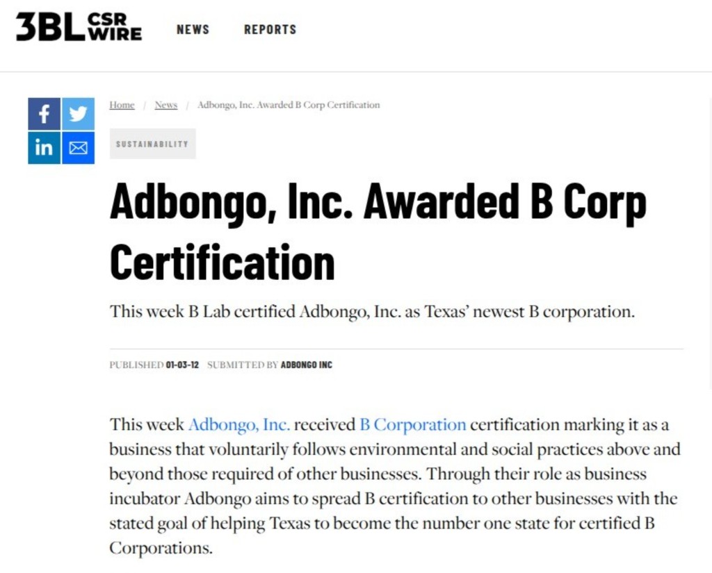 CSRwire: Adbongo B Corp certification, Jan 2012